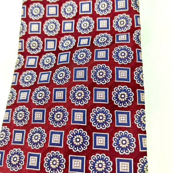 Boss Hugo Boss Wine Red with Pink Blue Floral Geo Print Foulard Print Long Tie - Picture 4 of 12